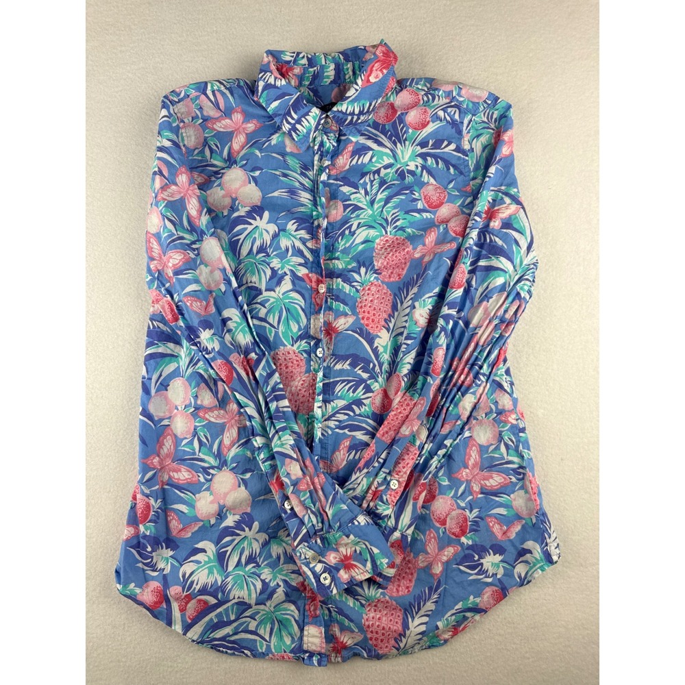 Talbots Womens Small Blue Tropical Pineapple Butterfly Cotton Button Down Shirt